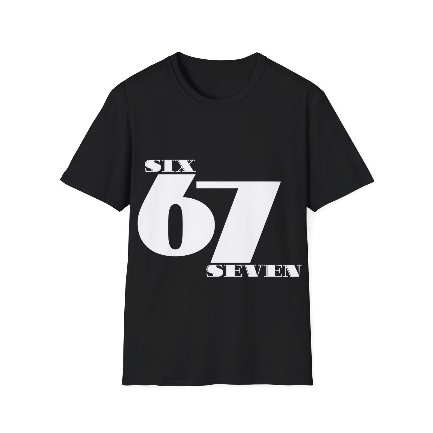 Black t-shirt with 'Six 67 Seven' text on a black background