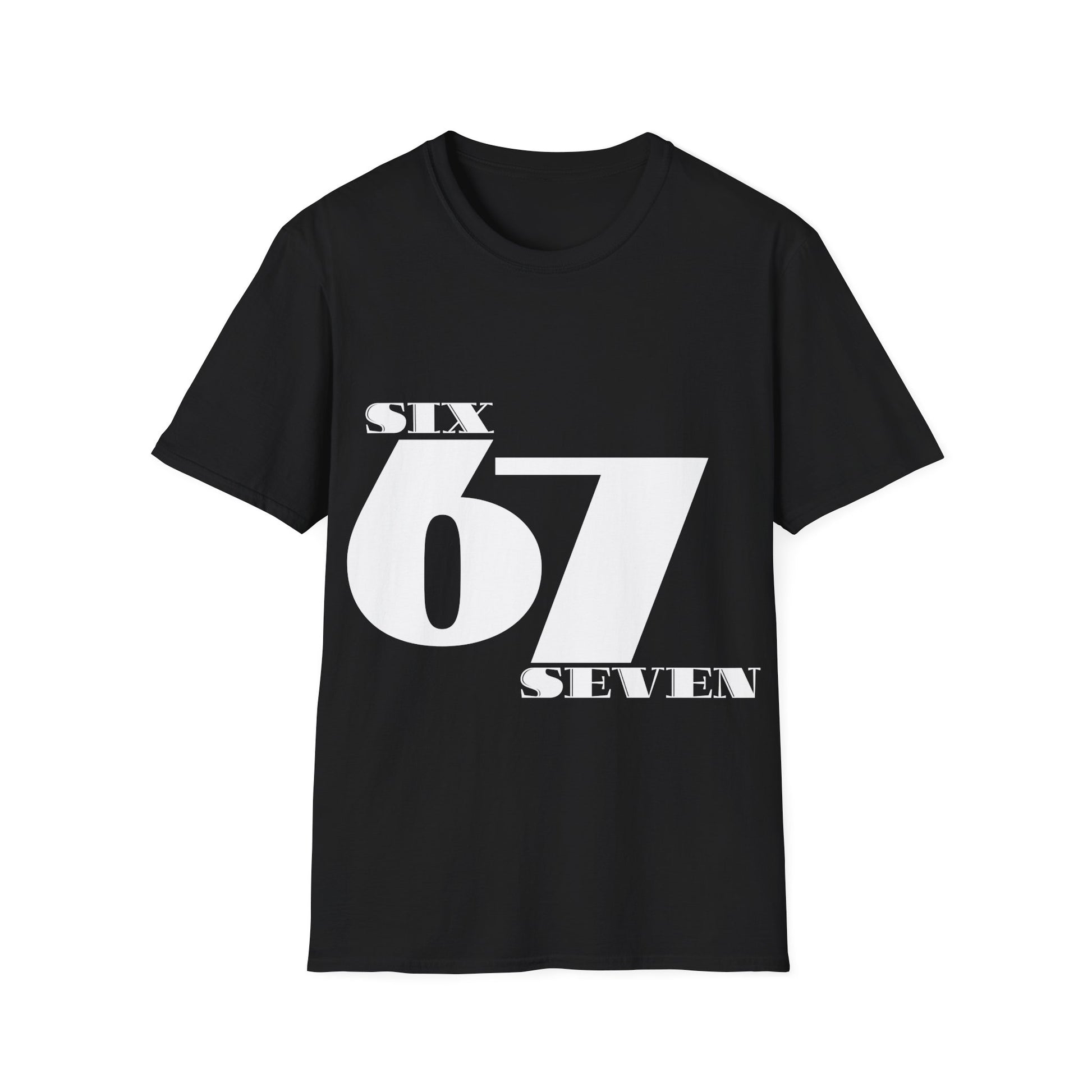Black t-shirt with 'Six 67 Seven' text on a black background