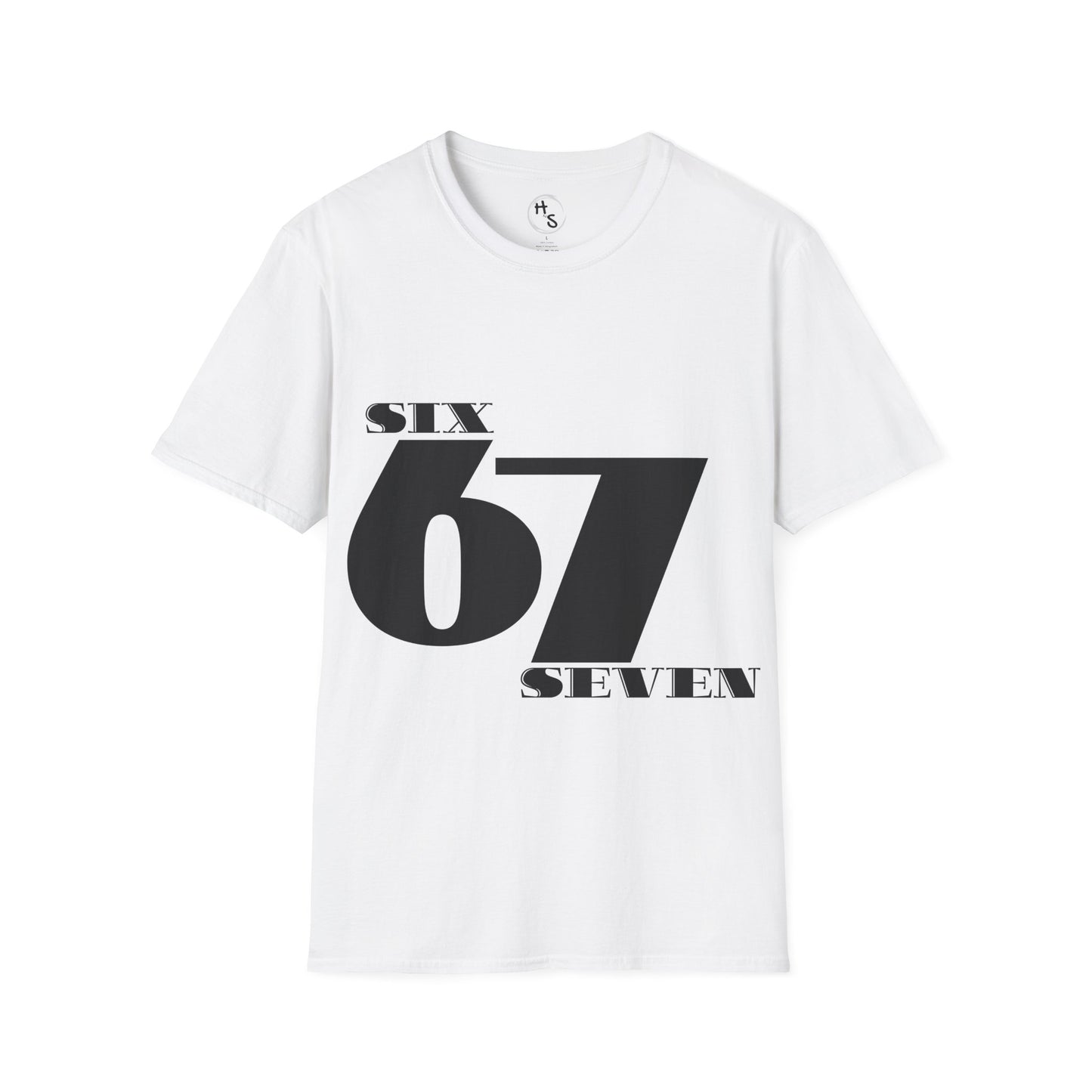 White t-shirt with black text 'SIX 67 SEVEN' on a white background