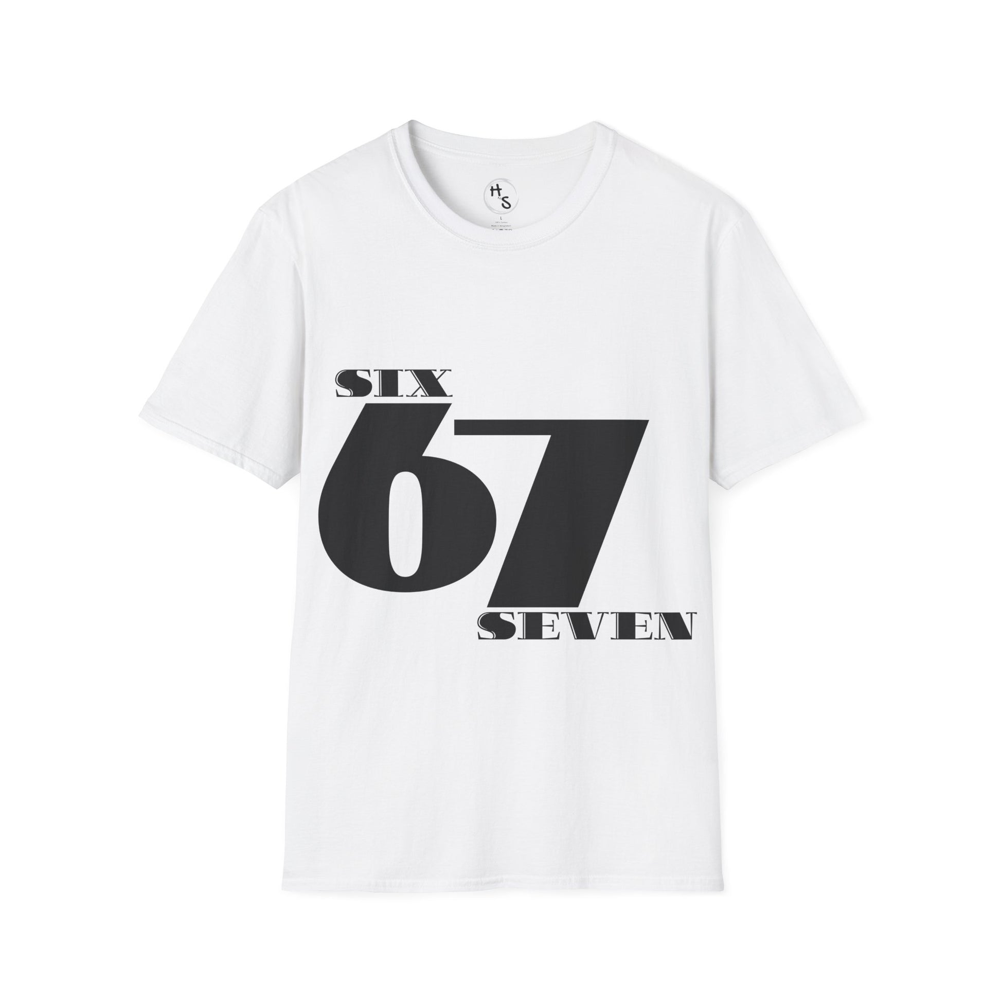 White t-shirt with black text 'SIX 67 SEVEN' on a white background