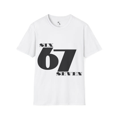 White t-shirt with black text 'SIX 67 SEVEN' on a white background