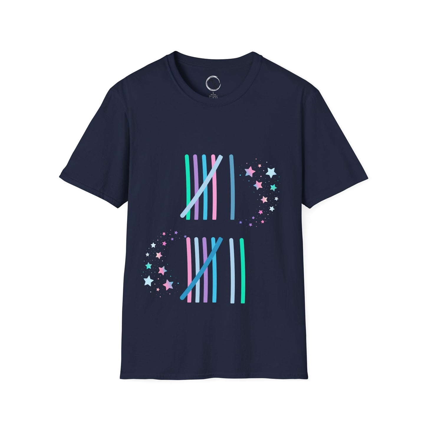 Navy blue t-shirt with colorful 67 graphic design on a white background