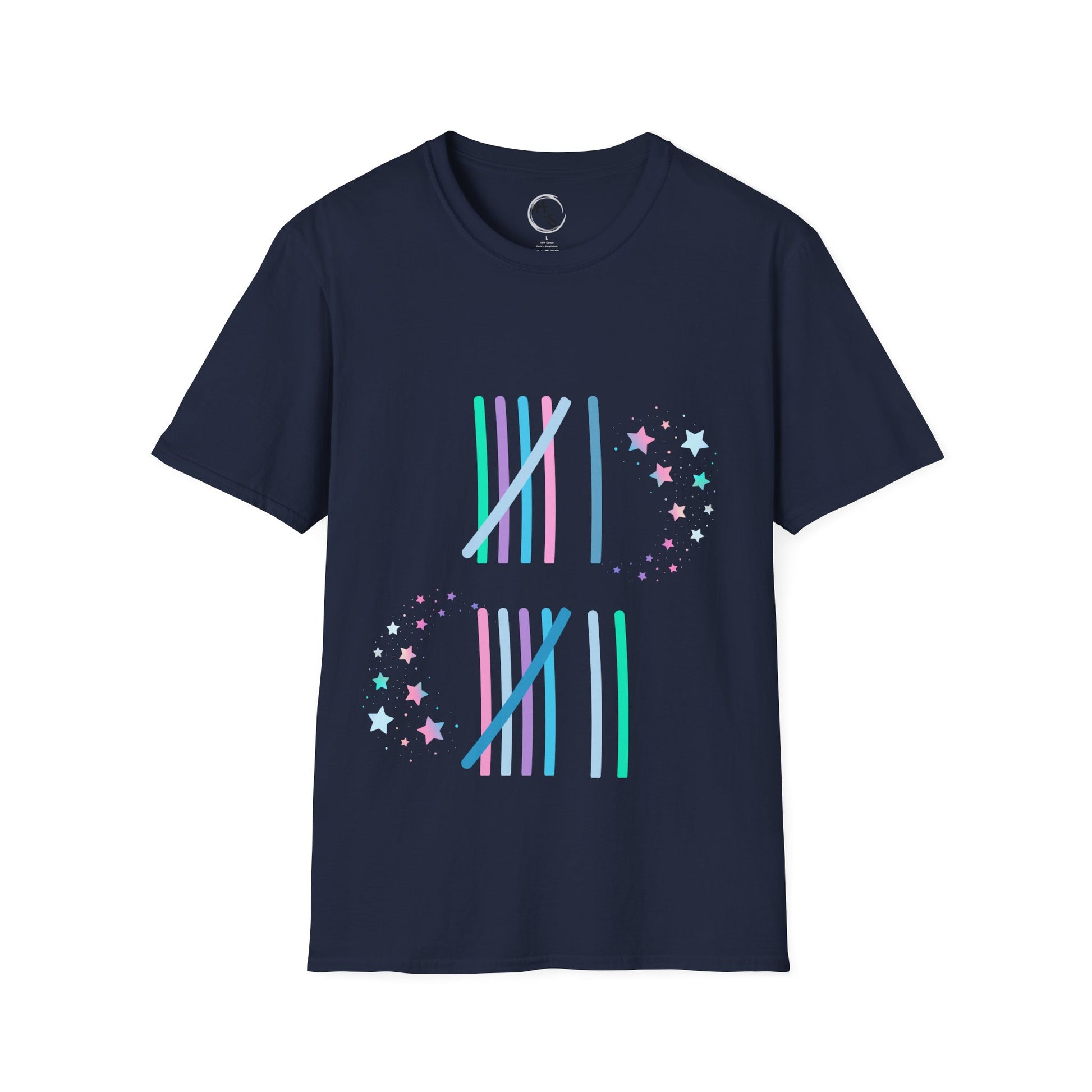 Navy blue t-shirt with colorful 67 graphic design on a white background