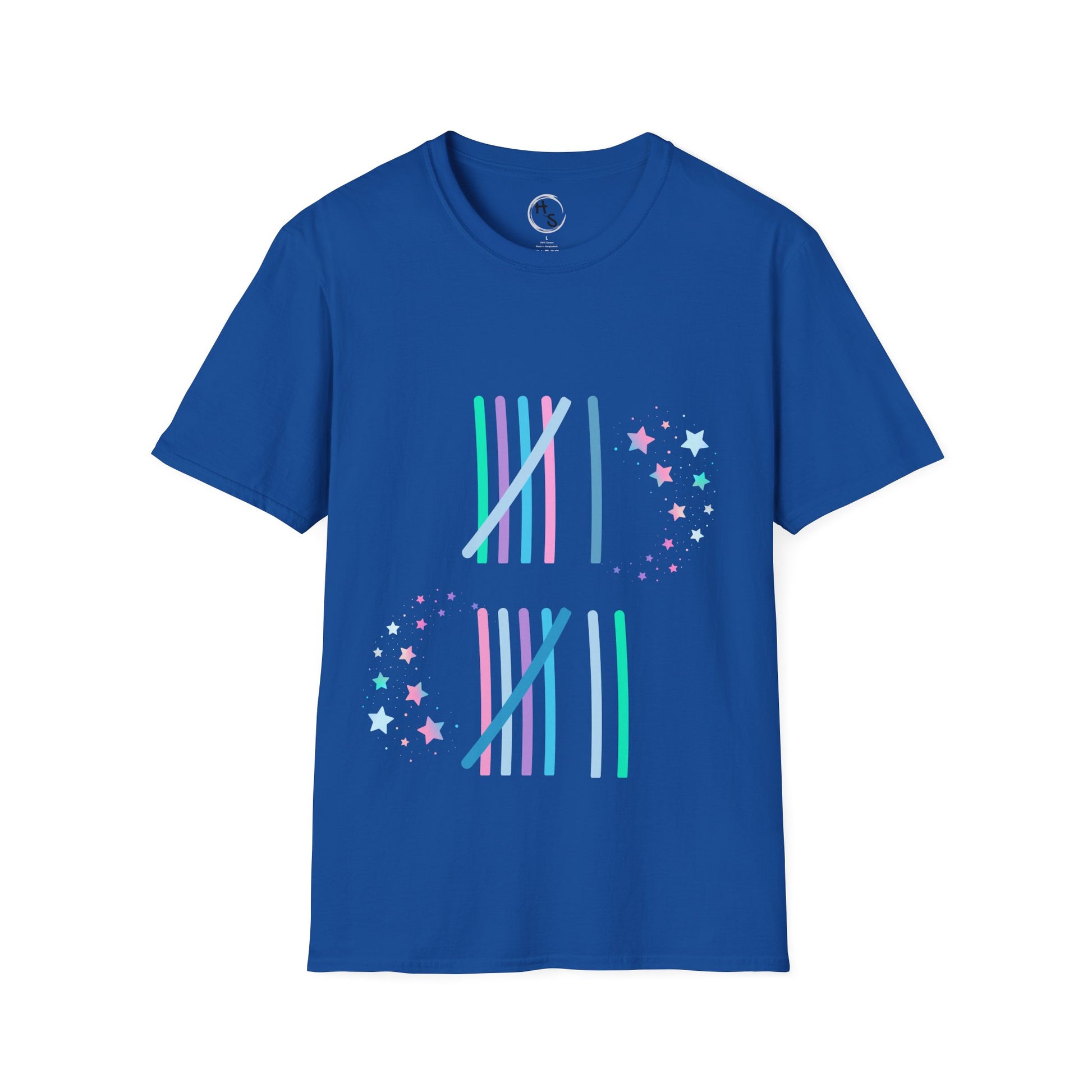 Blue t-shirt with colorful 67 design on a white background