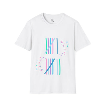 White t-shirt with colorful 67 graphic design on a white background