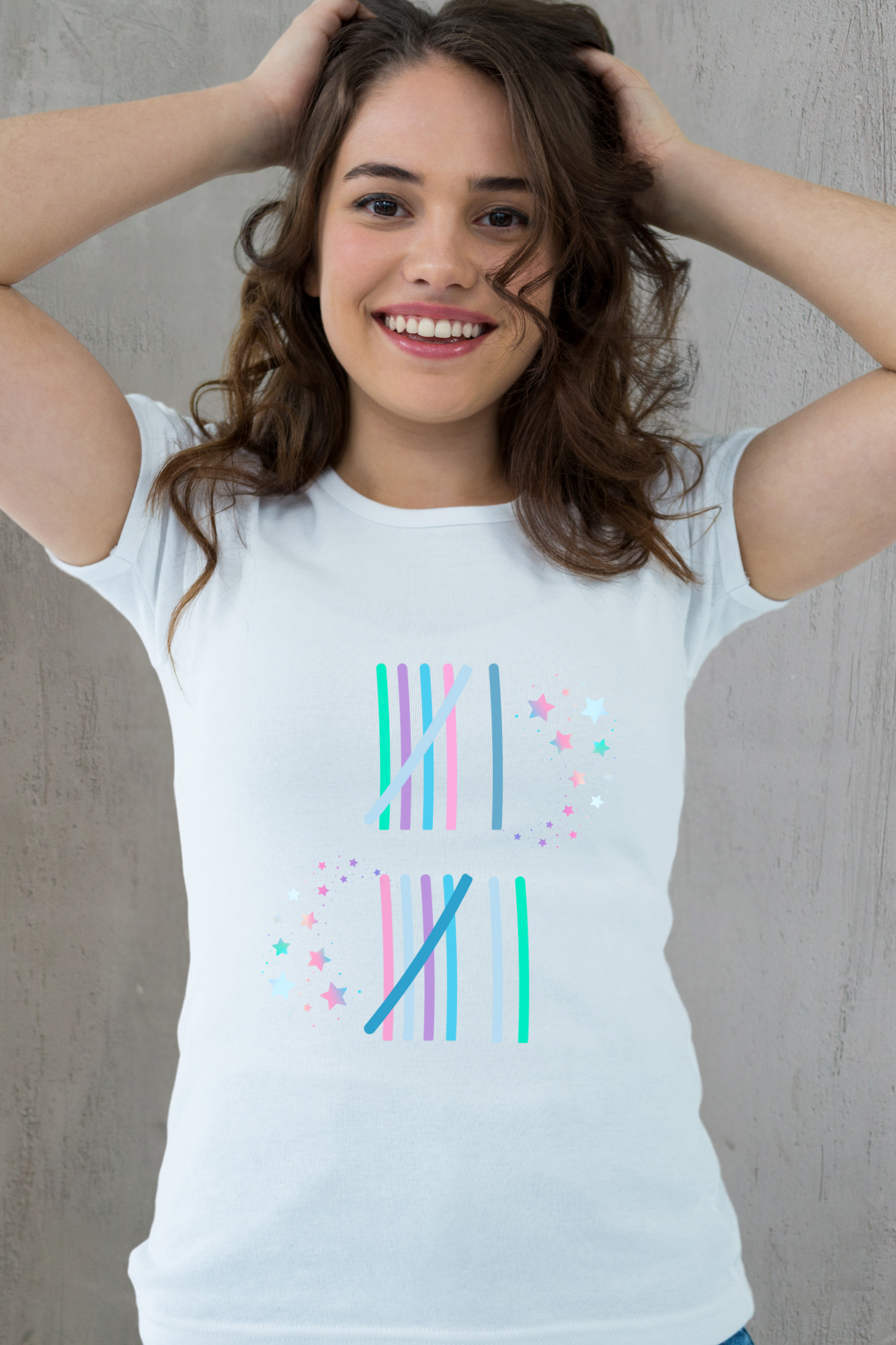 Woman wearing a white t-shirt with colorful 67 designs against a neutral background