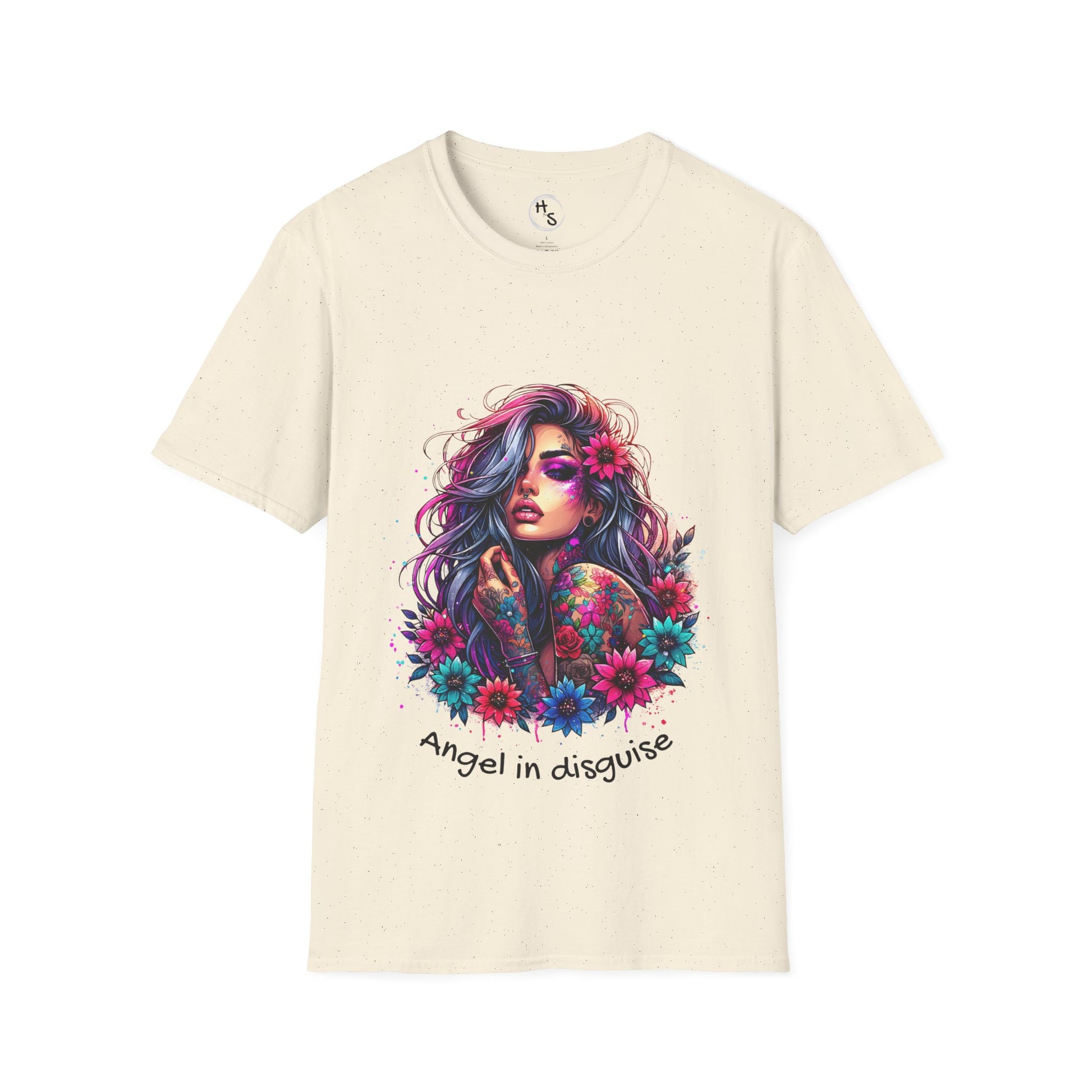 Beige t-shirt with a colorful graphic design of a woman with flowers and text 'Angel in disguise' on a white background.