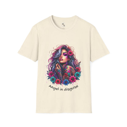Beige t-shirt with a colorful graphic design of a woman with flowers and text 'Angel in disguise' on a white background.