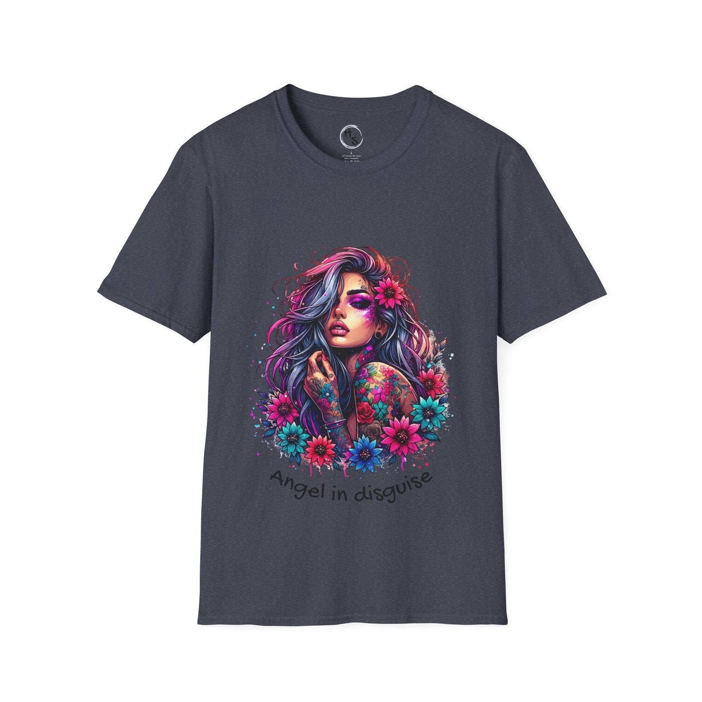 Gray t-shirt with a colorful graphic design of a woman with flowers and text 'Angel in disguise' on a white background.