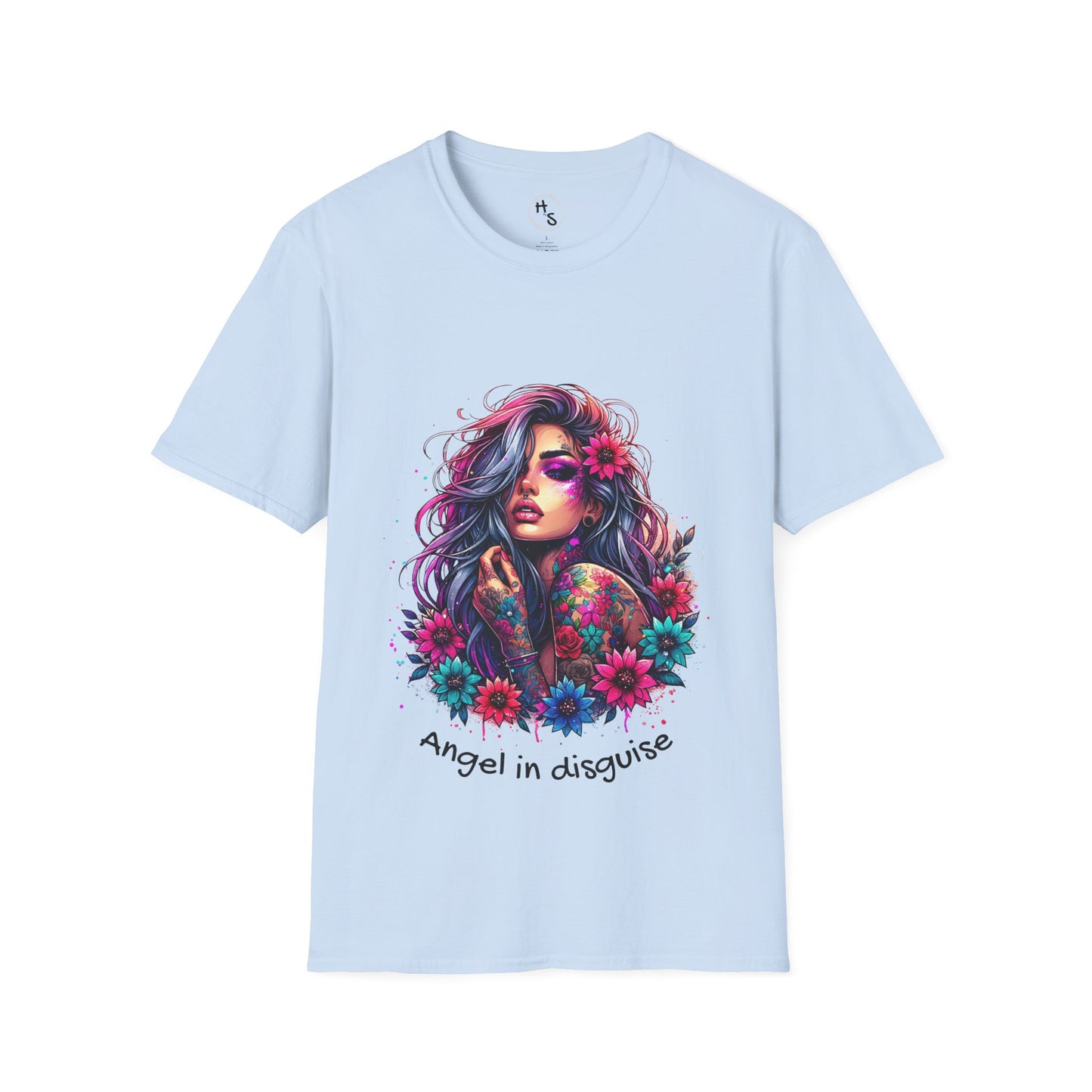 Light blue t-shirt with a colorful graphic of a woman with flowers and text 'Angel in disguise' on a white background.