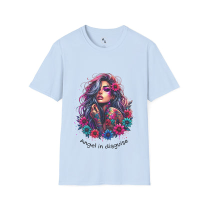 Light blue t-shirt with a colorful graphic of a woman with flowers and text 'Angel in disguise' on a white background.