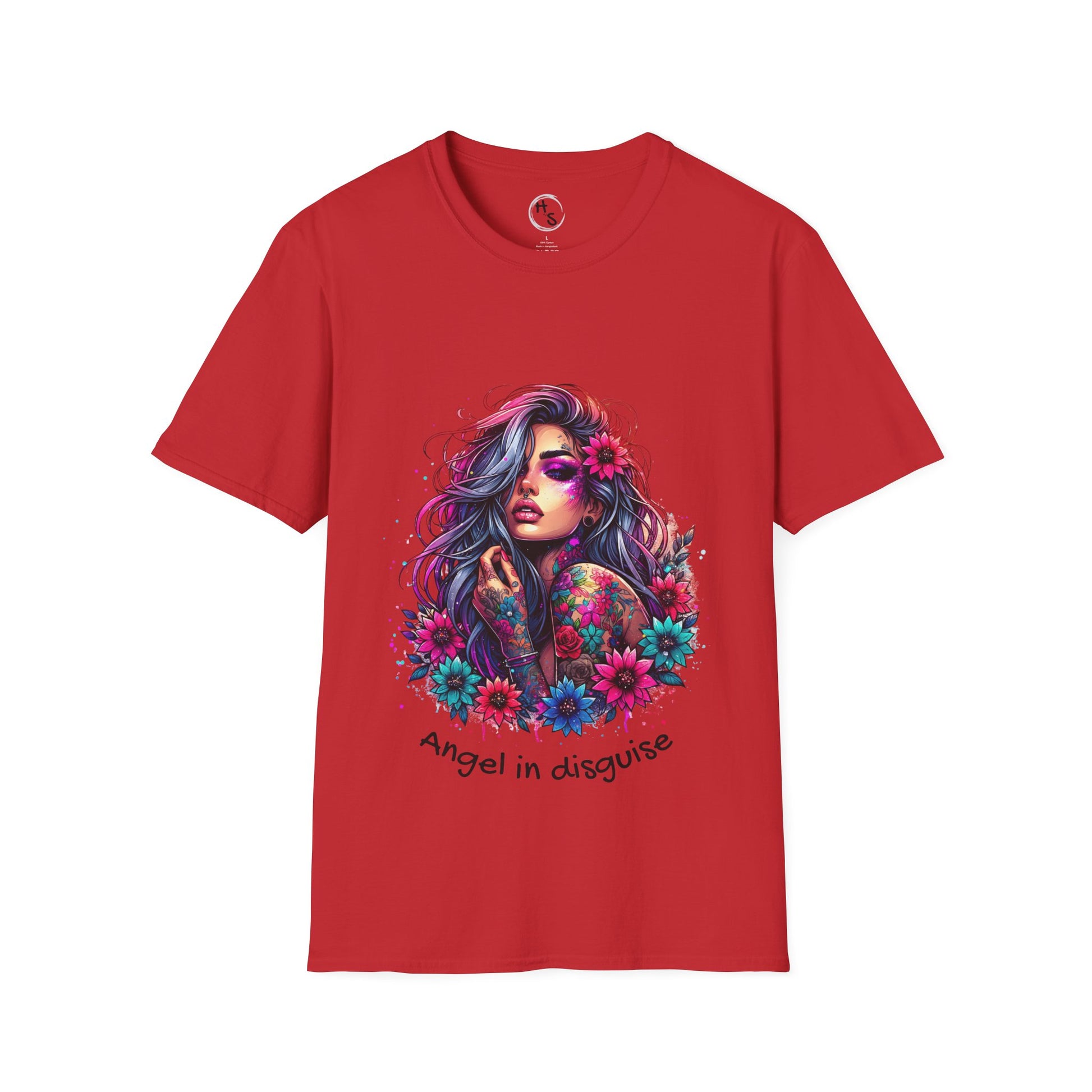 Red t-shirt with a colorful graphic of a woman with flowers and the text 'Angel in disguise' on a white background.