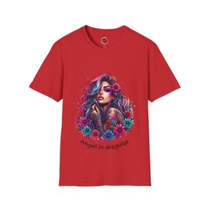Red t-shirt with a colorful graphic of a woman with flowers and the text 'Angel in disguise' on a white background.