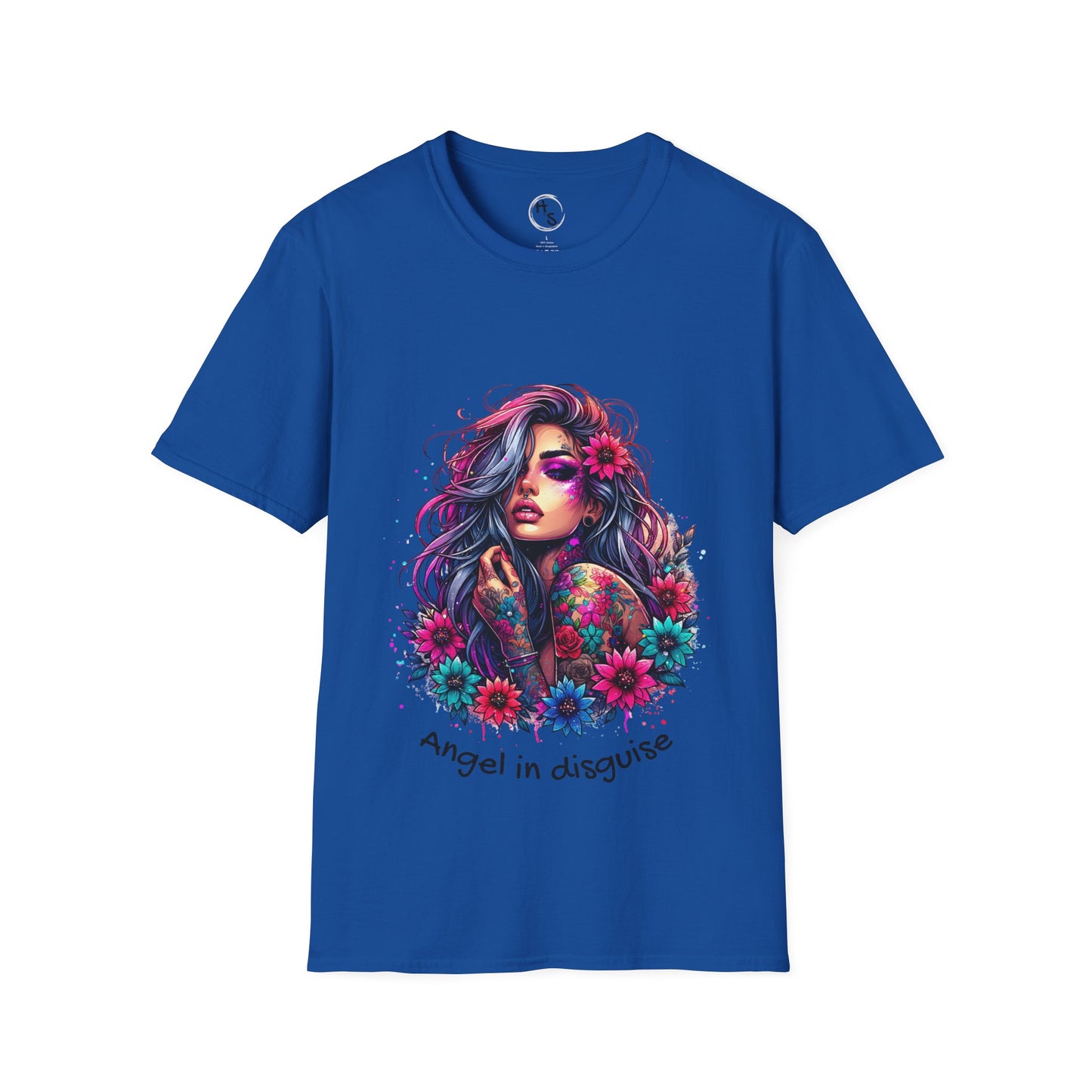 Blue t-shirt with a colorful graphic of a woman with flowers and text 'Angel in disguise' on a white background.