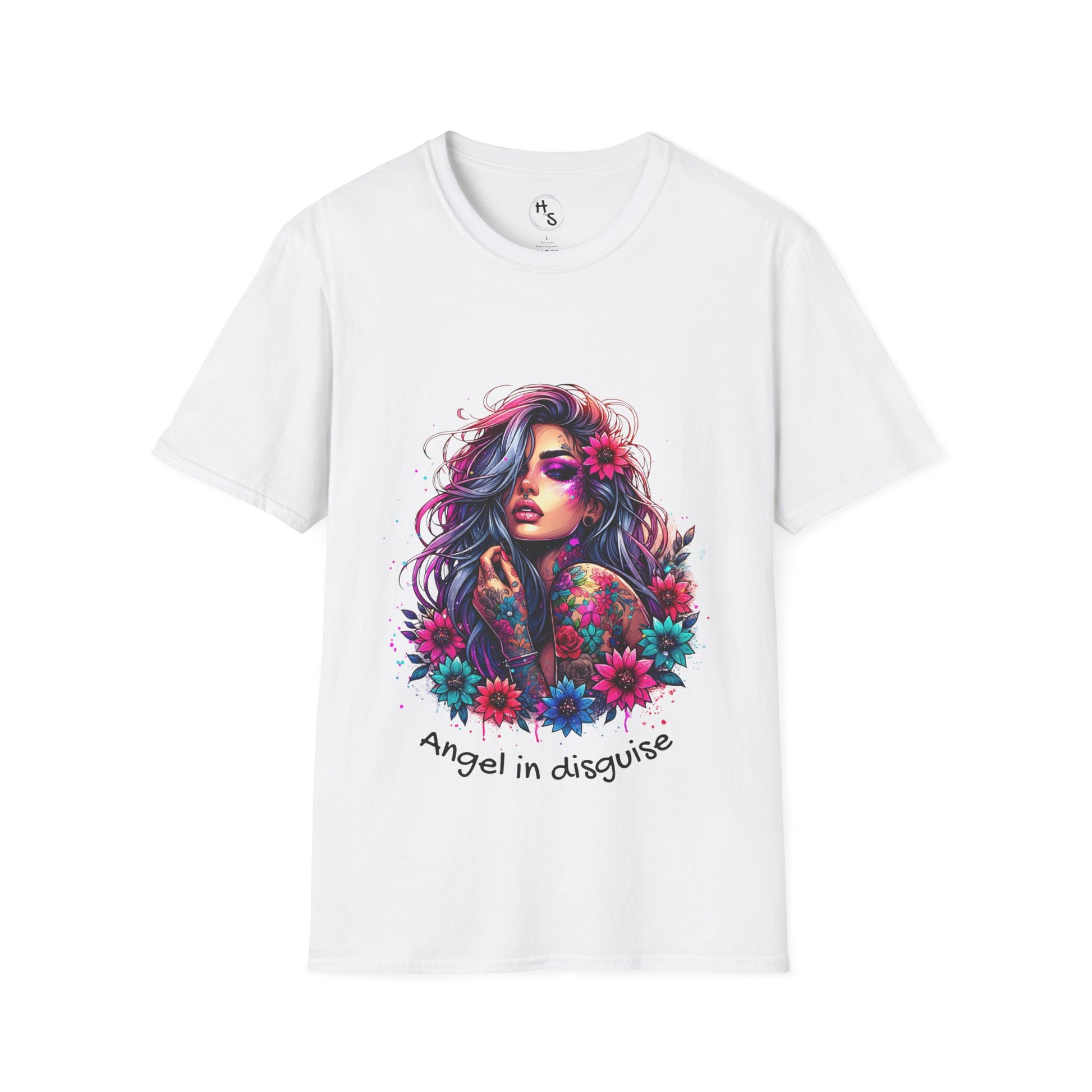White t-shirt with a colorful graphic design of a woman with flowers and text 'Angel in disguise' on a white background.