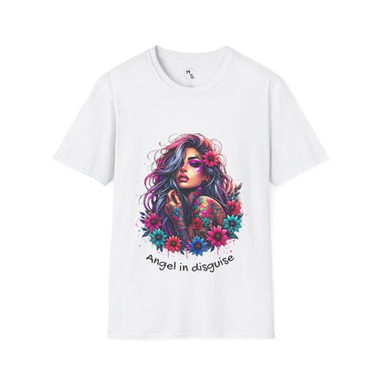 White t-shirt with a colorful graphic design of a woman with flowers and text 'Angel in disguise' on a white background.