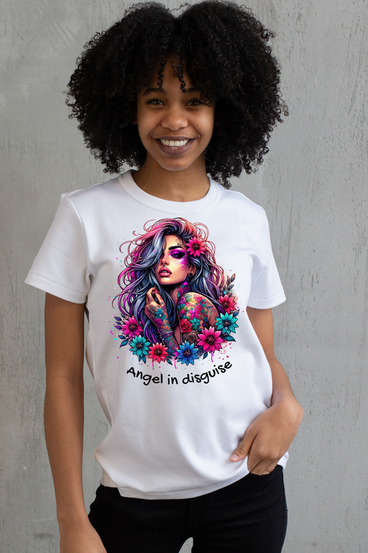 Person wearing a white t-shirt with a colorful graphic design and text.