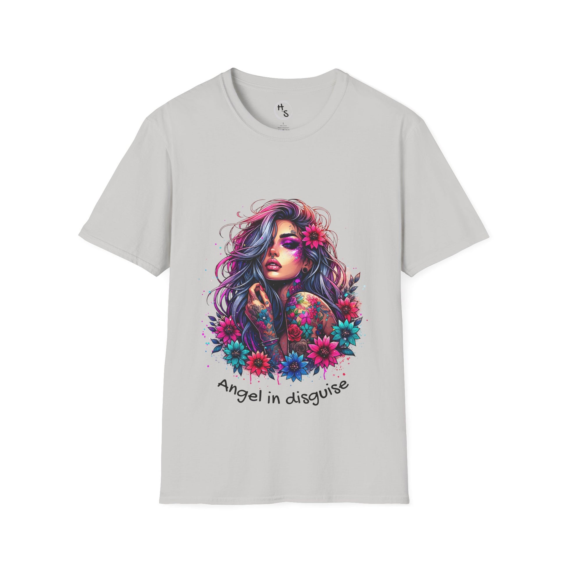 Ice Gray t-shirt with a colorful graphic of a woman with flowers and text 'Angel in disguise' on a white background.