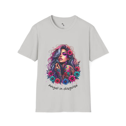 Ice Gray t-shirt with a colorful graphic of a woman with flowers and text 'Angel in disguise' on a white background.