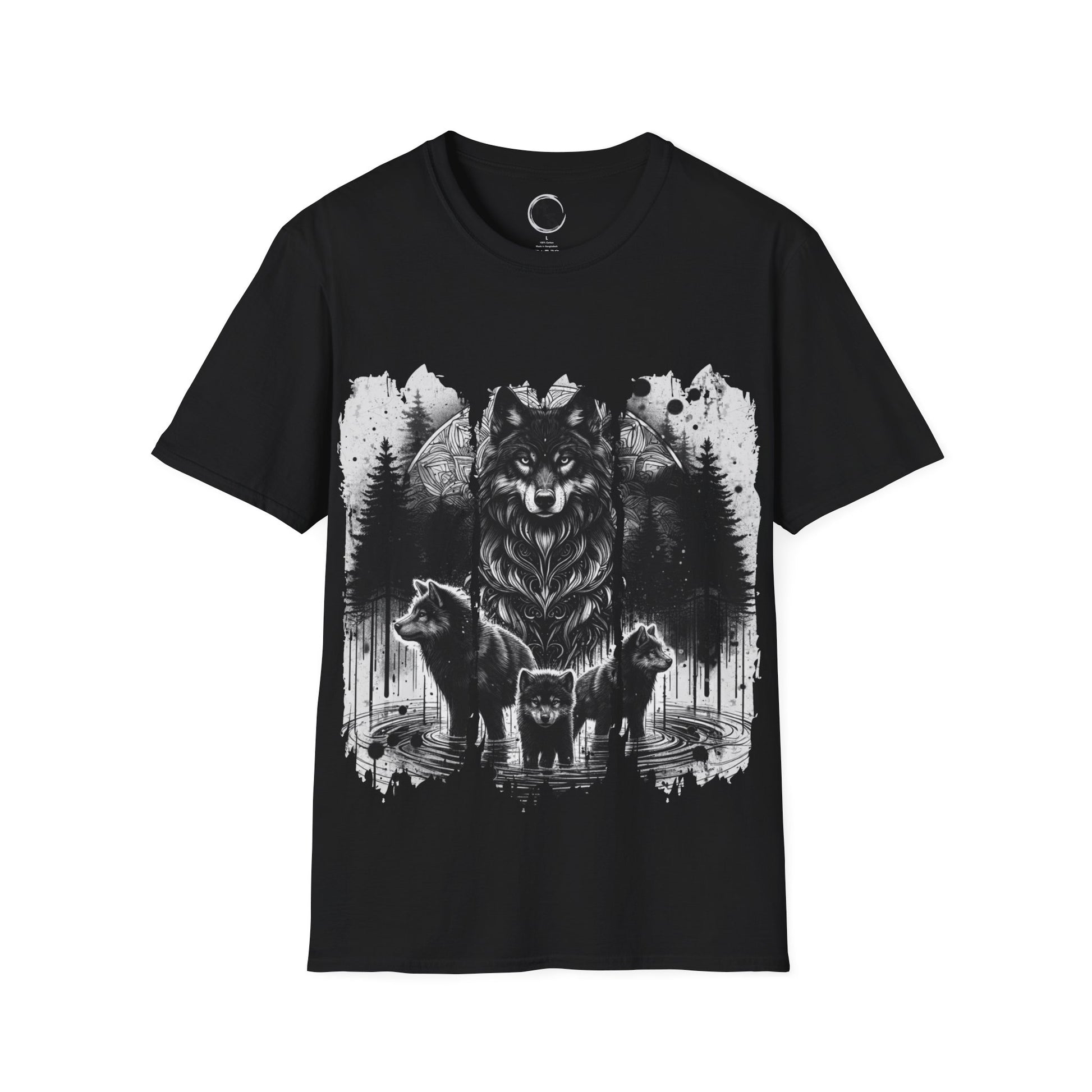 Black t-shirt with a wolf and cubs graphic design on a white background