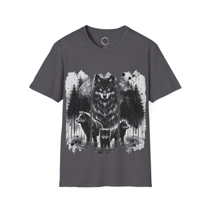 Gray t-shirt with a wolf and cubs design on a white background