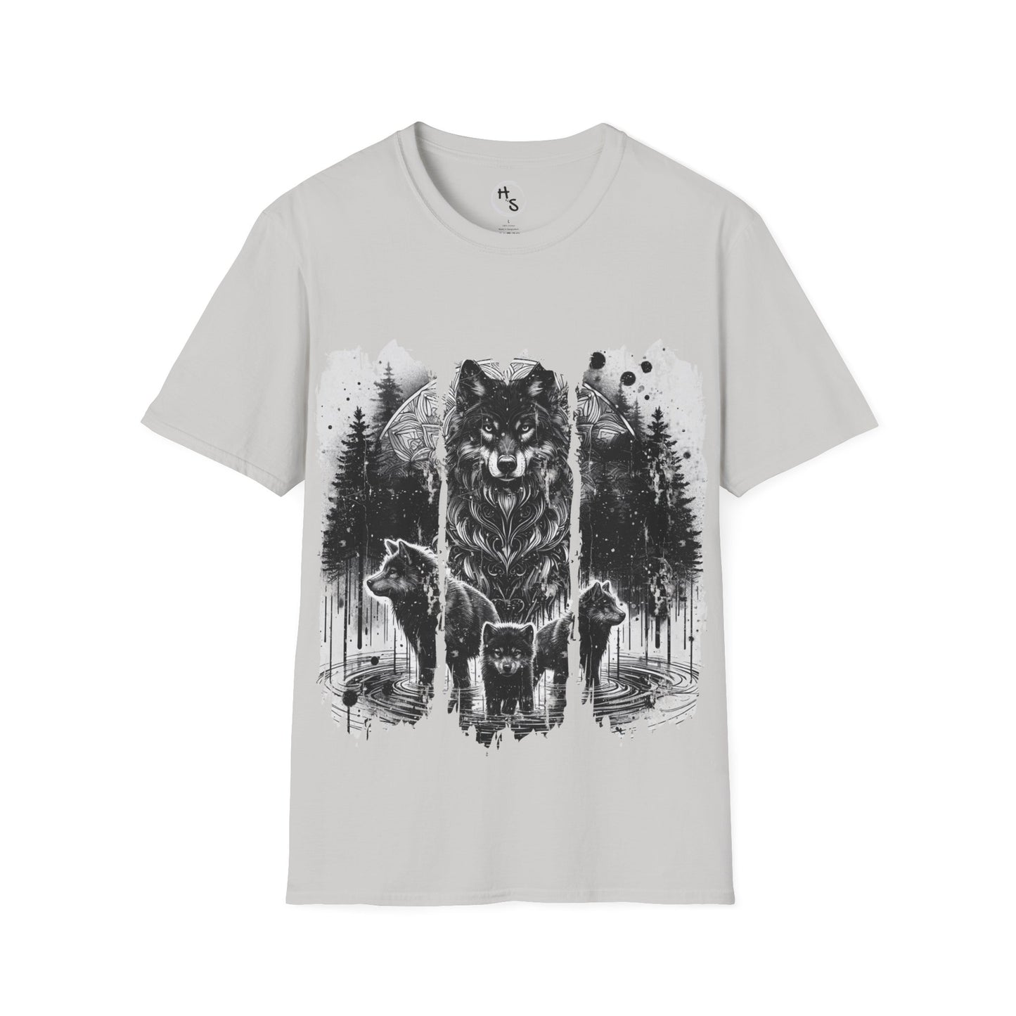 Gray t-shirt with a wolf design on a white background