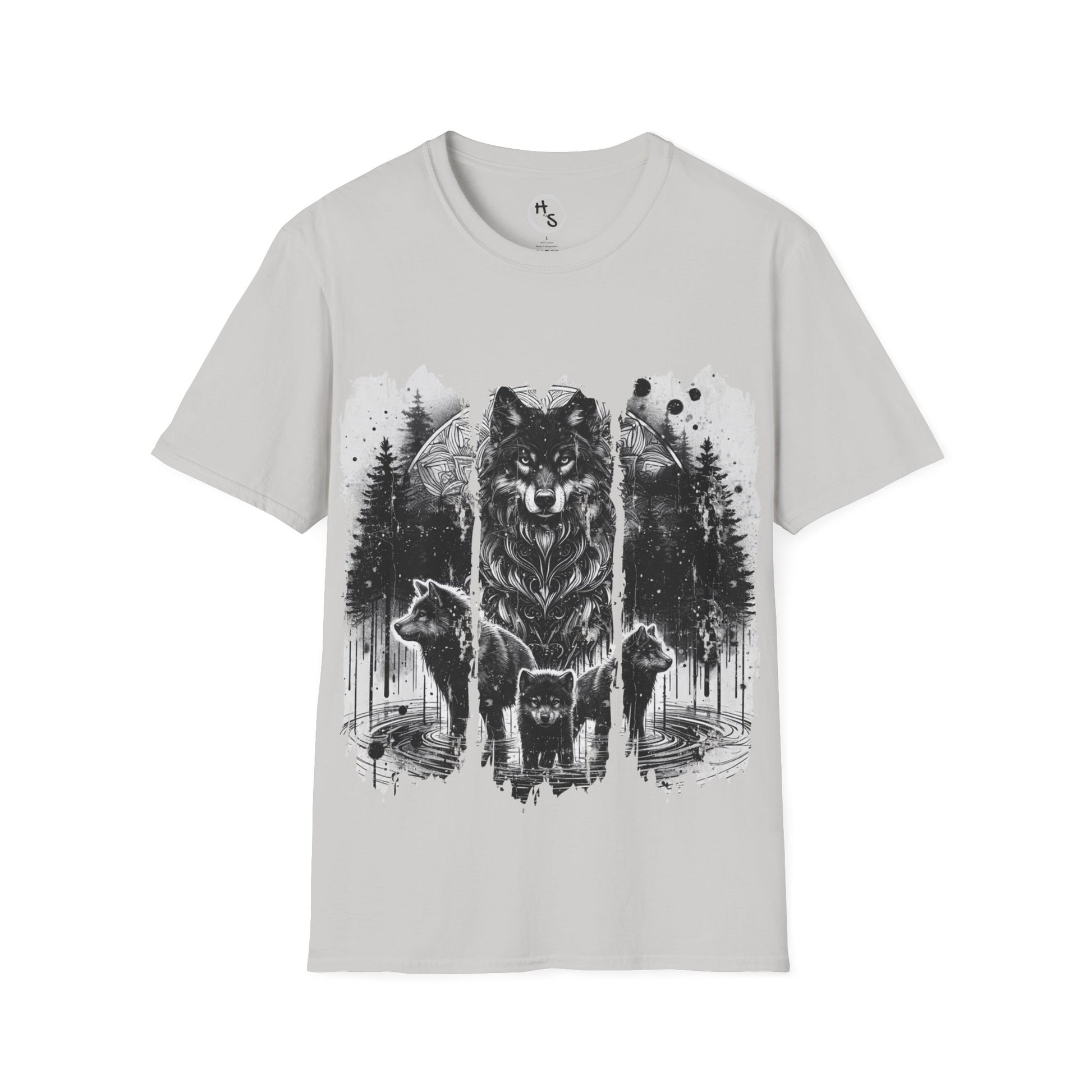 Gray t-shirt with a wolf design on a white background