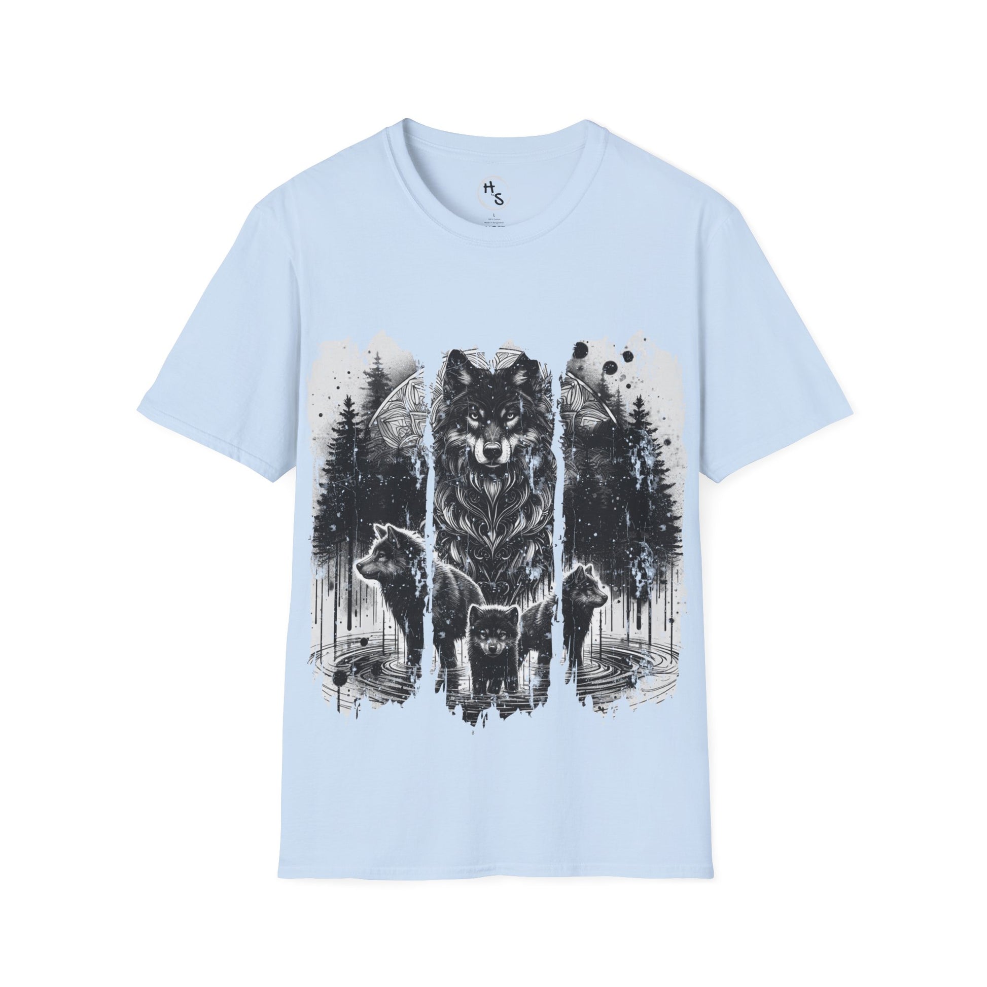 Light blue t-shirt with a wolf design on a white background