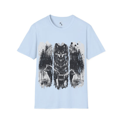 Light blue t-shirt with a wolf design on a white background