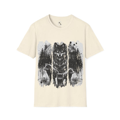 Beige t-shirt with a wolf design on a white background