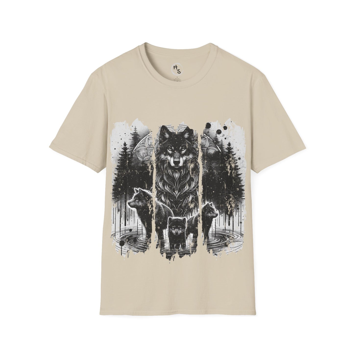 Beige t-shirt with a graphic of wolves in a forest design on a white background
