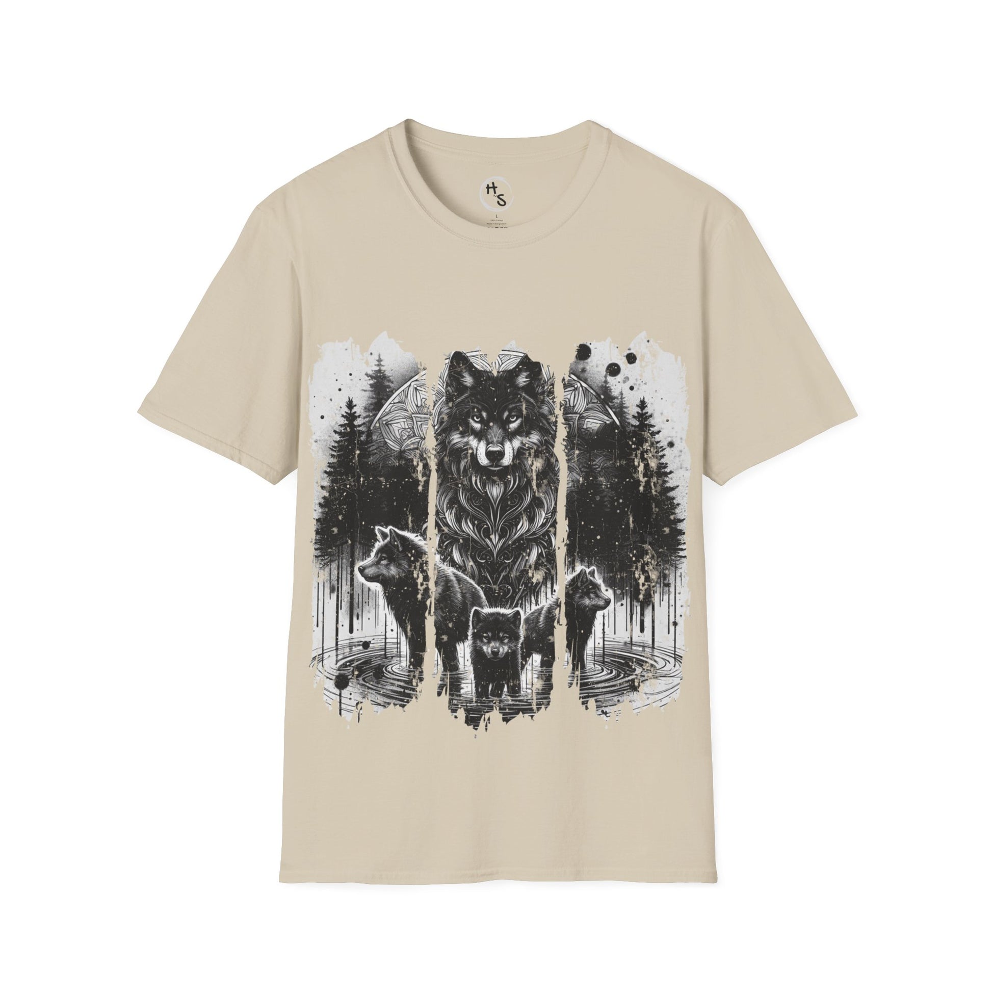 Beige t-shirt with a graphic of wolves in a forest design on a white background