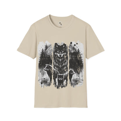 Beige t-shirt with a graphic of wolves in a forest design on a white background