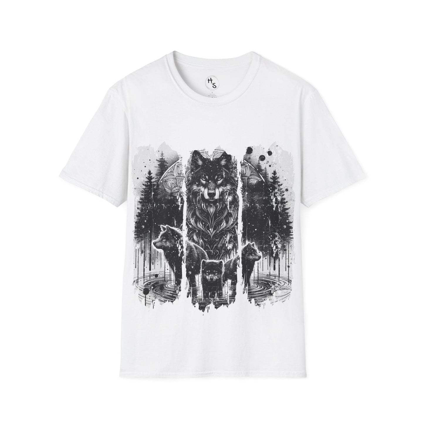 White t-shirt with black wolf design on a white background