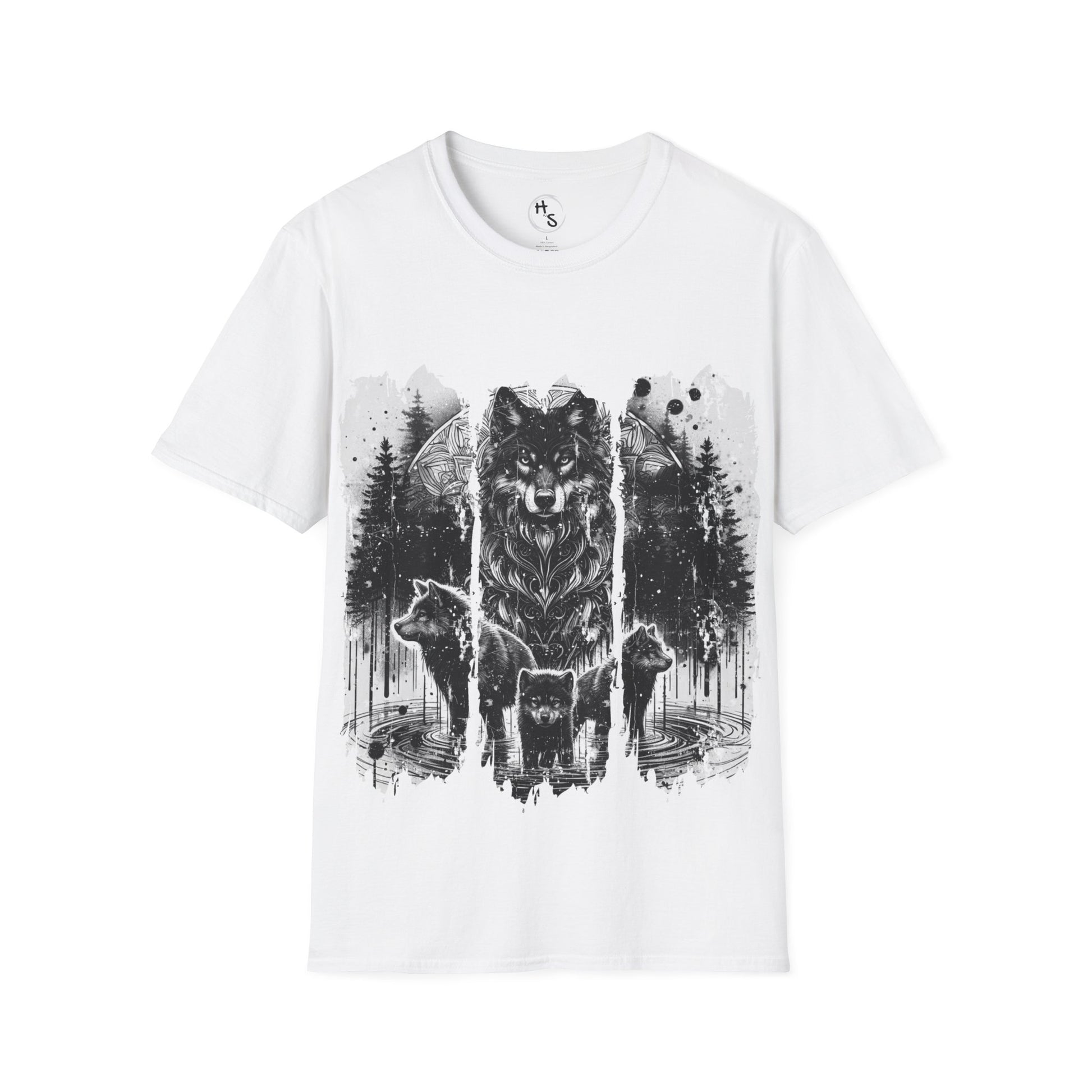 White t-shirt with black wolf design on a white background