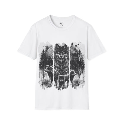 White t-shirt with black wolf design on a white background