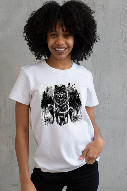 Person wearing a white t-shirt with a graphic design of wolves in a forest on a gray background