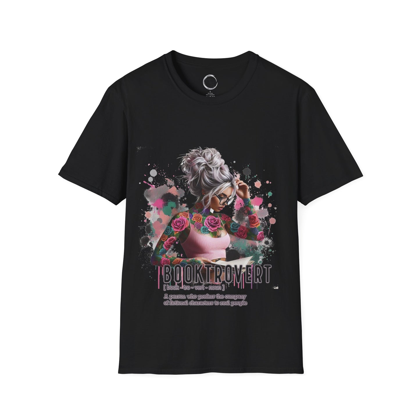 Black t-shirt with a colorful graphic design on a white background