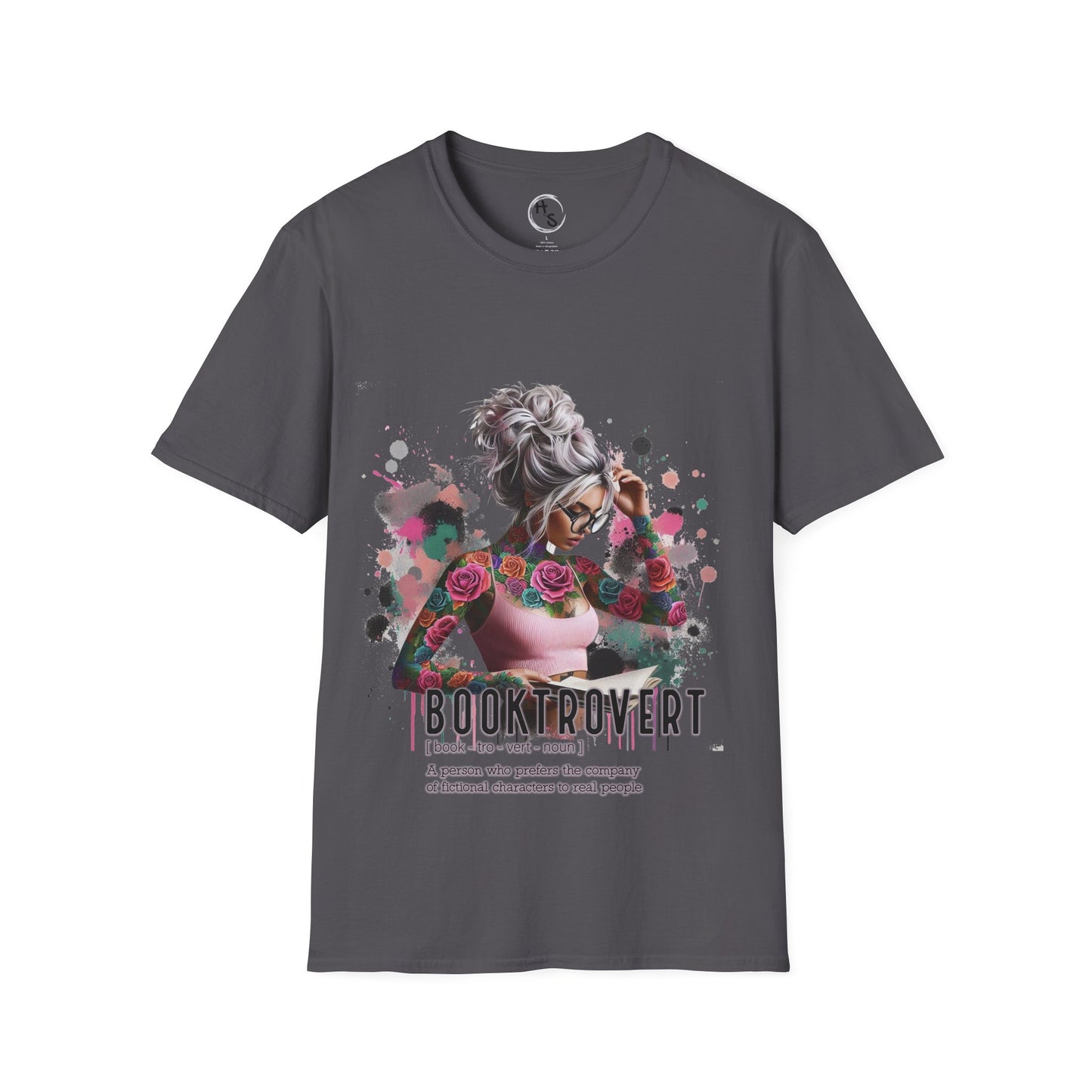 Gray t-shirt with a graphic design of a woman with flowers and text on a white background