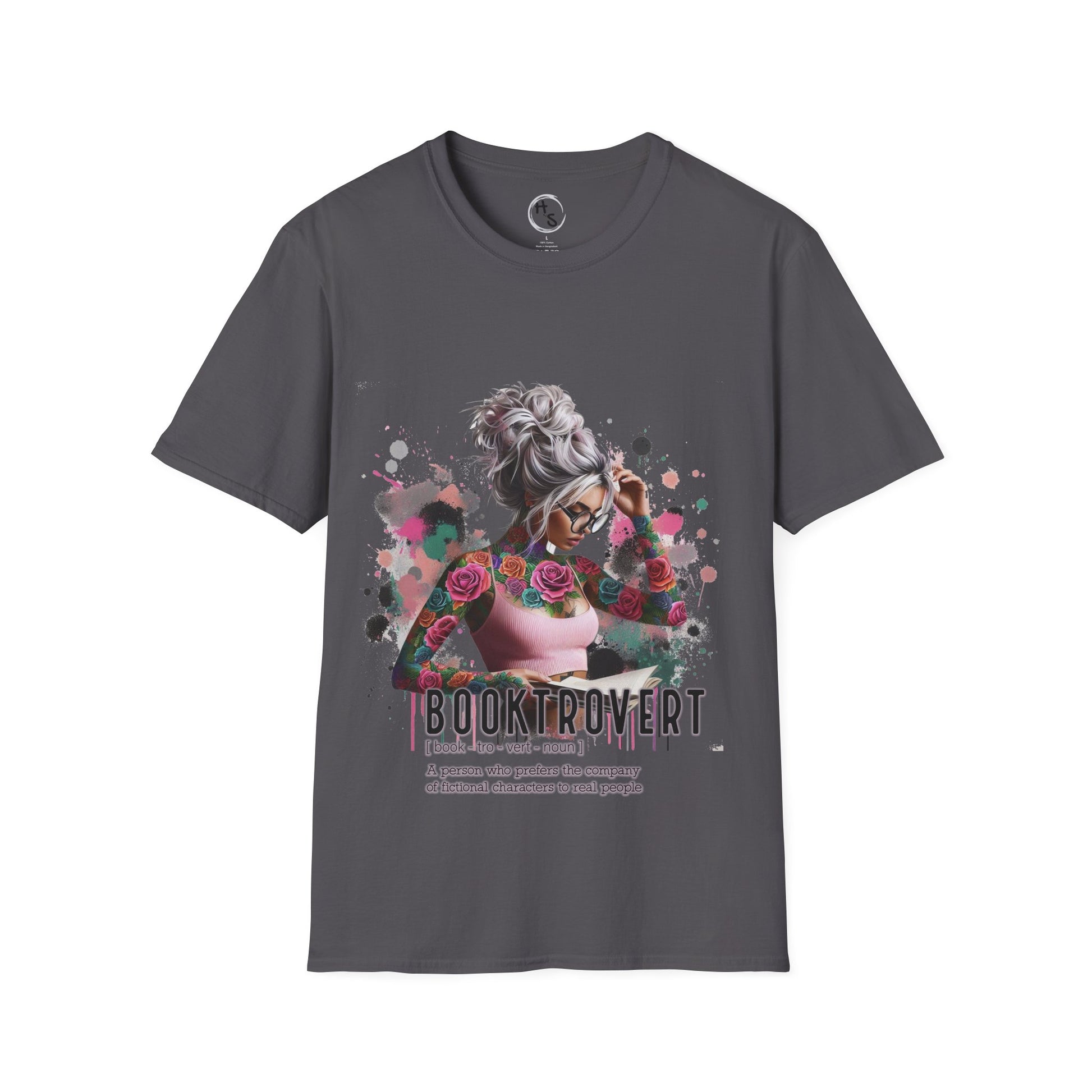 Gray t-shirt with a graphic design of a woman with flowers and text on a white background