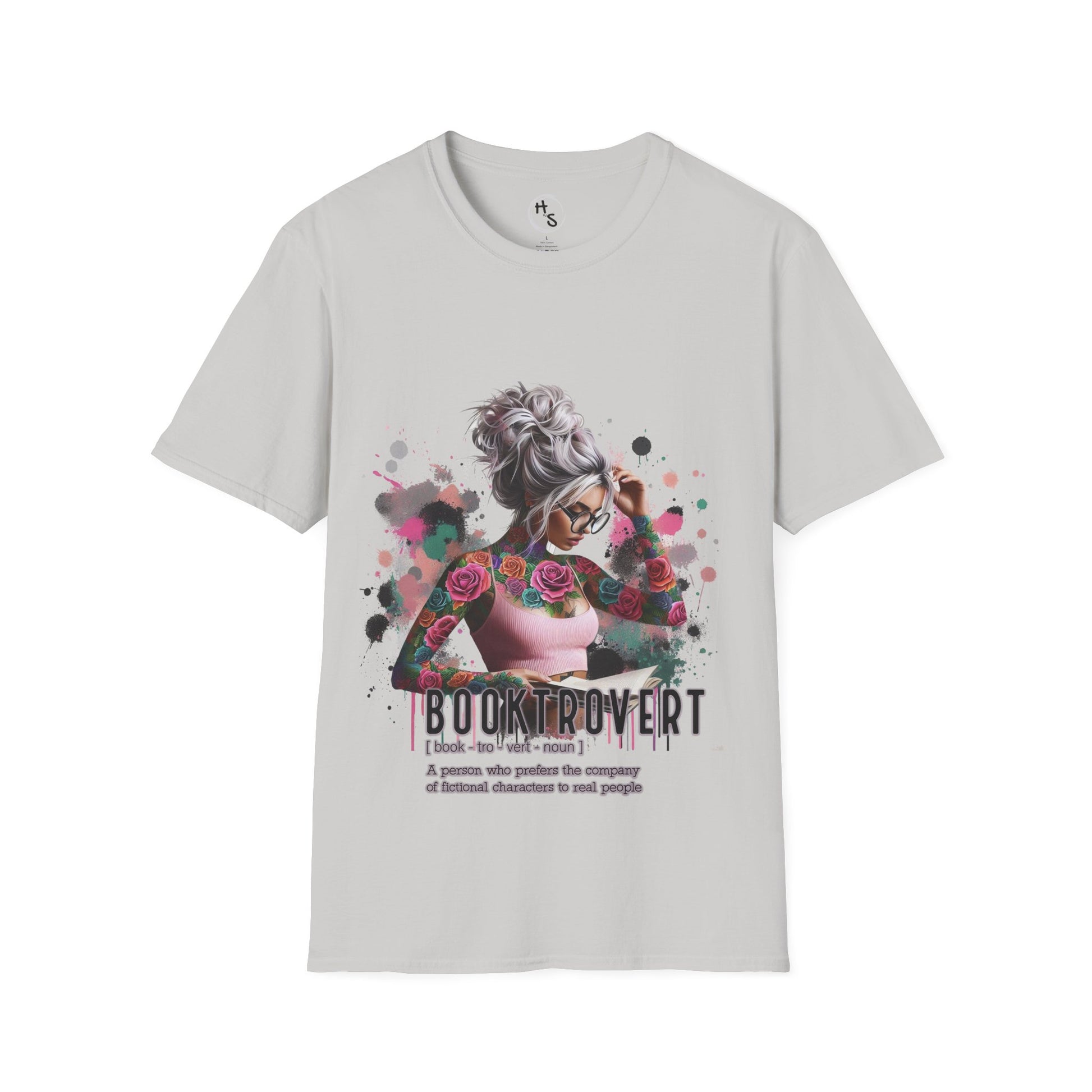 Gray t-shirt with a graphic design of a woman flexing her arm and text on a white background