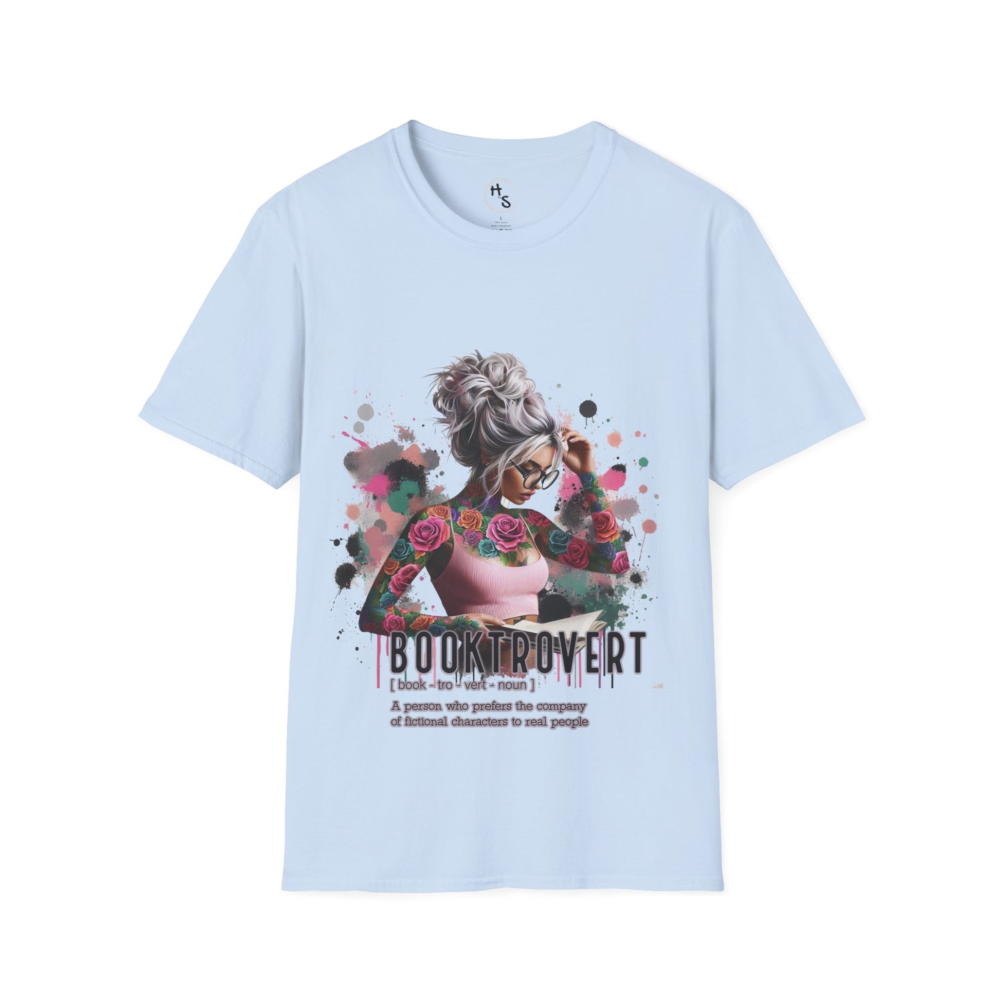 Light blue t-shirt with a graphic design of a woman with tattoos and flowers, text 'Booktrovert' on a white background.