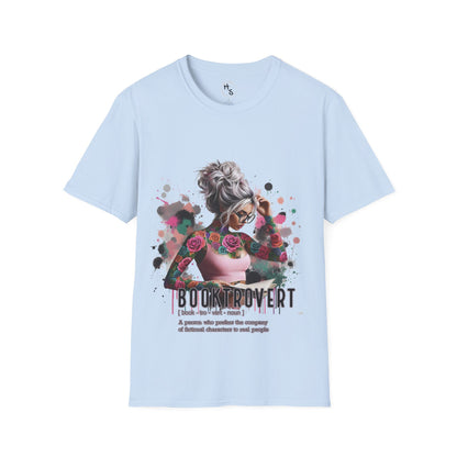 Light blue t-shirt with a graphic design of a woman with tattoos and flowers, text 'Booktrovert' on a white background.