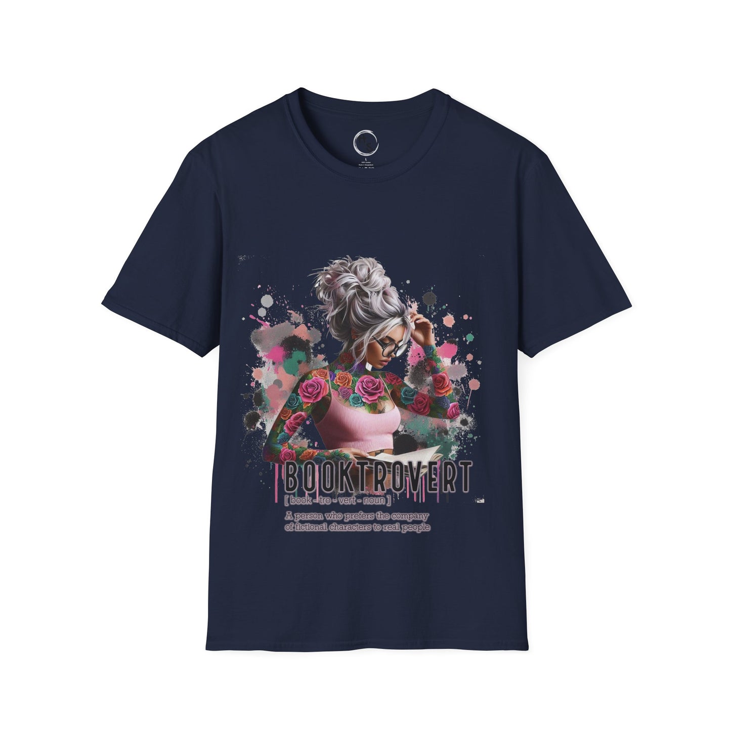 Navy blue t-shirt with a graphic design of a woman with flowers and text on a white background