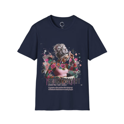 Navy blue t-shirt with a graphic design of a woman with flowers and text on a white background