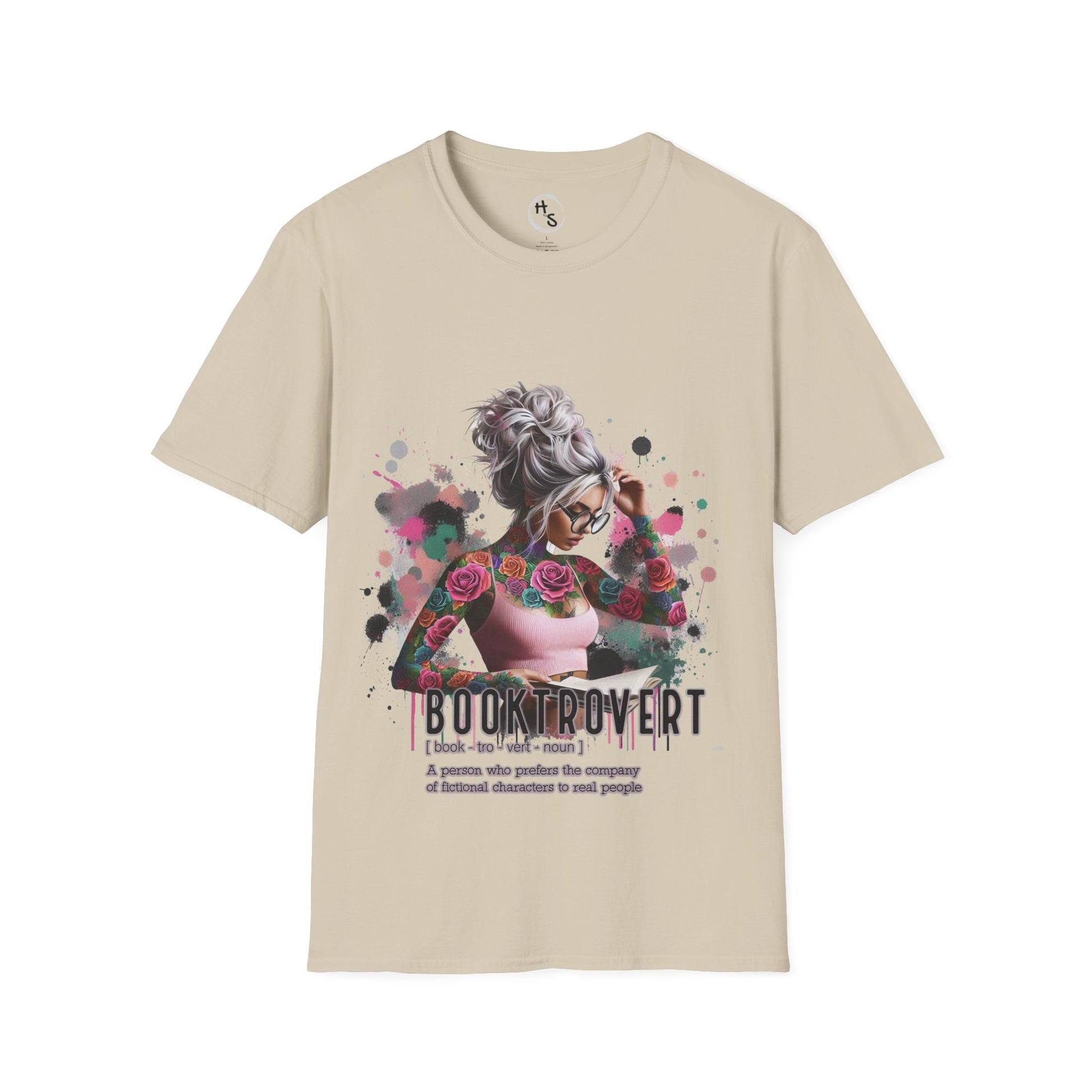 Beige t-shirt with graphic design of a woman with flowers and text on a white background