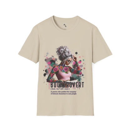Beige t-shirt with graphic design of a woman with flowers and text on a white background