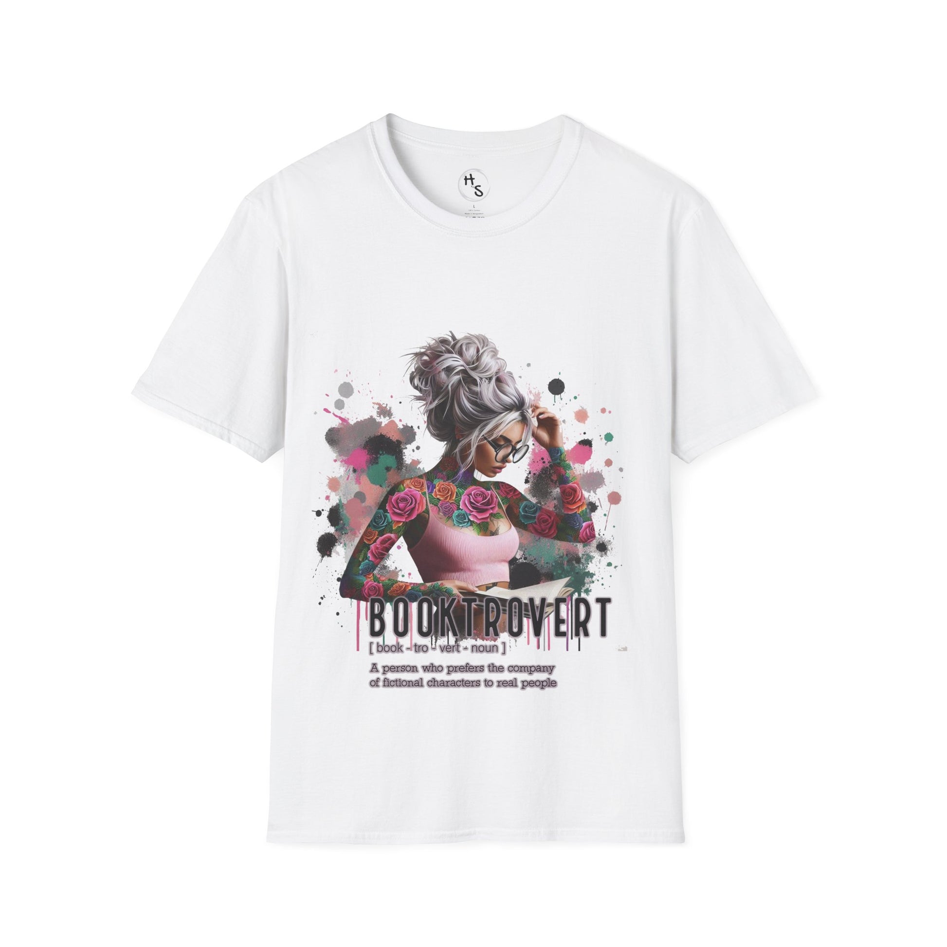 White t-shirt with graphic design of a woman flexing her arm, surrounded by flowers, on a white background.