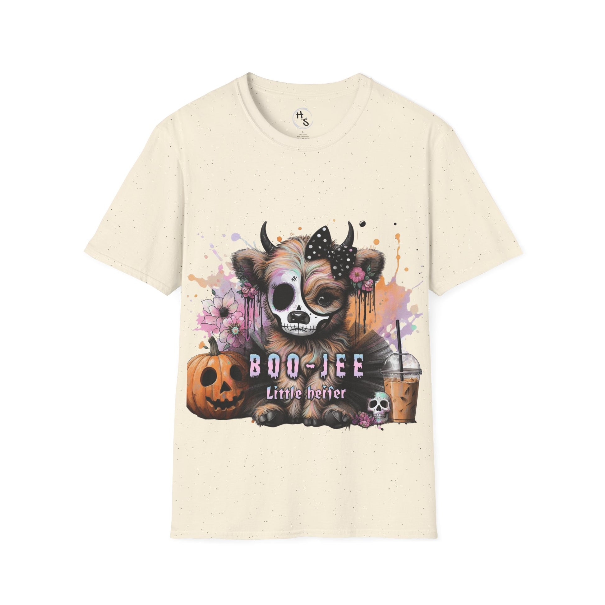 Beige t-shirt with a graphic of a cow with a skull mask and pumpkins, labeled 'Boo-Jee Little Heifer'.