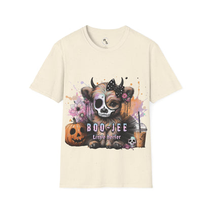 Beige t-shirt with a graphic of a cow with a skull mask and pumpkins, labeled 'Boo-Jee Little Heifer'.
